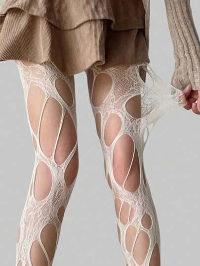 Goth 1زوج جوارب شبكية ممزقة غير متماثلة للنساء باللون الأبيض، لجميع الفصول