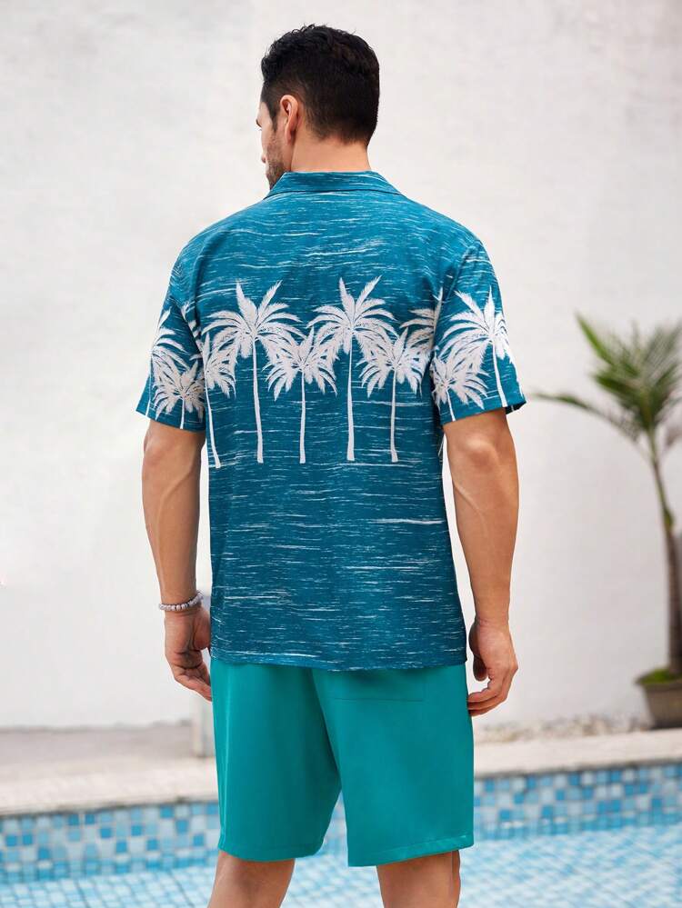 2pcs Men's Summer Lightweight Breathable Beach/Surf Outfit - Hawaiian Shirt With Tropical Scenery Print And Shorts, Beachwear