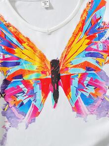 T-shirt décontracté à manches courtes imprimé papillon col en V pour ado fille - Blanc - Voir 3