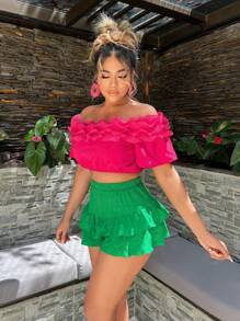 SHEIN SXY قميص نسائي مقصوص قصير بأكتاف مكشوفة ومطوي لقضاء عطلة على الشاطئ مثير - روز أحمر - مشاهدة 3