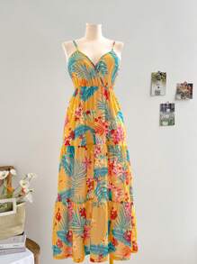 Soleia 大尺碼女士鄉村節日服裝，重疊領黃色熱帶花卉休閒度假海濱長開叉交叉肩帶連衣裙 - 彩色 - 查看 1