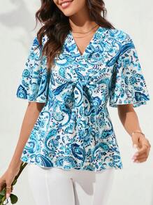 SHEIN Clasi قميص العطلات والأزياء الترفيهي للنساء مع ياقة متقاطعة وربطة عند الخصر