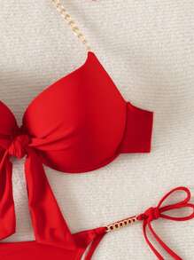 2pcs Women's Vacation Beach Chain Decor Swimwear Set With Underwire Summer