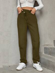 SHEIN Frenchy 女士實色簡約日常穿著牛仔褲 - 軍綠色 - 查看 6