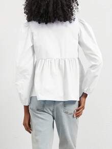 Camicia casual da donna con colletto rotondo, fiocco, orlo arricciato e maniche a sbuffo, in colori solidi misti