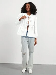 Camicia casual da donna con colletto rotondo, fiocco, orlo arricciato e maniche a sbuffo, in colori solidi misti