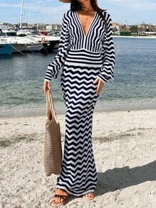 RueChic 女式长款宽松袖 V 领条纹超长罩衫连衣裙，适合夏季海滩度假 - 藏蓝色 - 查看 3