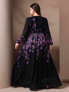 Plus Size V-Neck Floral Print Elegant Long Sleeve Dress Black Vacation Spring - Black - View 2
