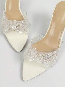 Sandalias de tacón alto para mujer, elegantes y modernas con punta puntiaguda y aplicaciones de strass, mulas deslizantes para fiestas de verano - Blanco - Ver 5