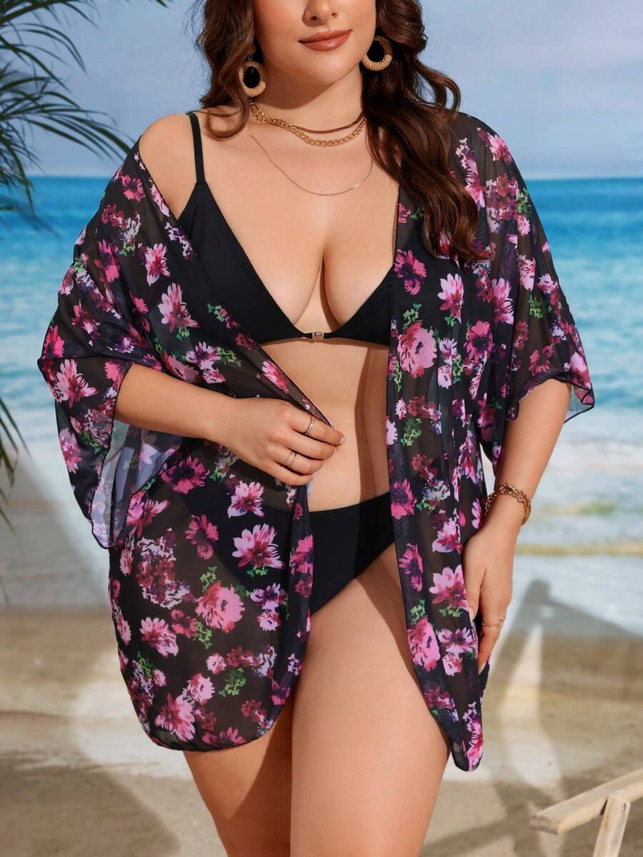 Plus Size Women's Floral Printed Simple Daily Kimono Dress - Multicolor - View 1