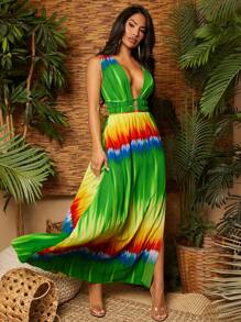 SHEIN SXY Vestidos maxi para mujeres teñidos con nudo dividido, vestido de vacaciones en la playa, ropa de mujer para vacaciones en la playa y ropa de mujer boho - Multicolor - Ver 1