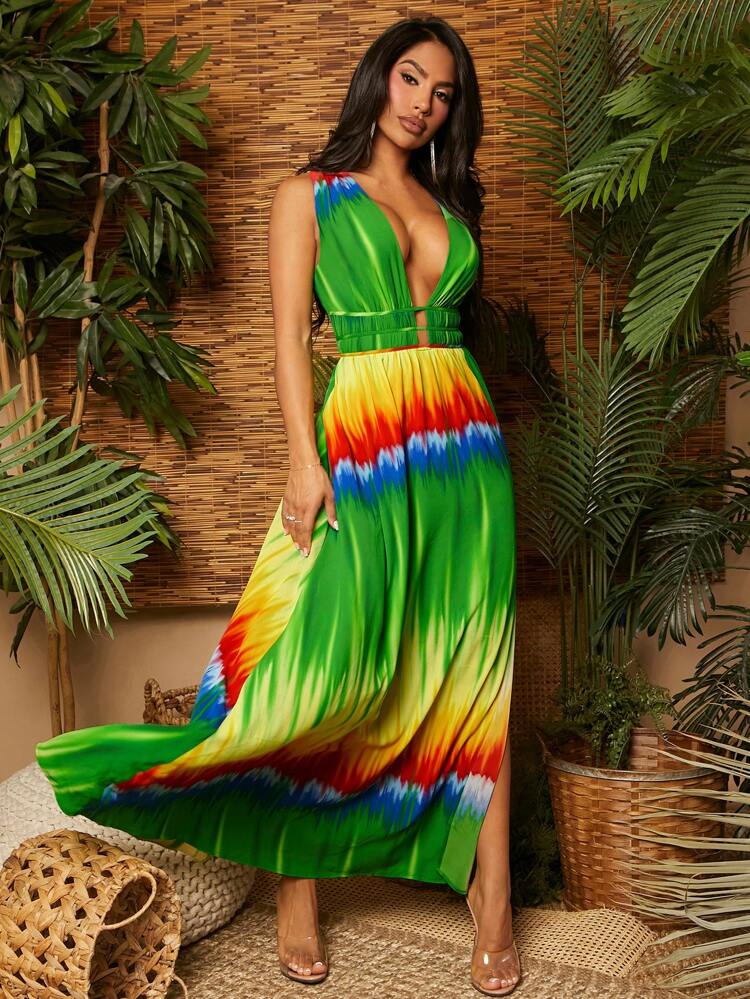 Maxi Women Dresses Tie Dye Split  Beach Holiday Dress Beach Vacation Women Clothes  Boho Women Clothing