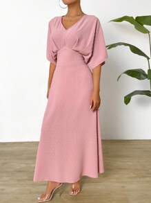 SHEIN LUNE Vestido de verano elegante para mujer de unicolor con escote en V - Rosa - Ver 5