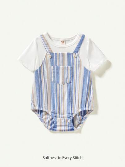 Cozy Pixies 嬰兒男寶寶彩塊條紋短袖連身衣，圓領款式