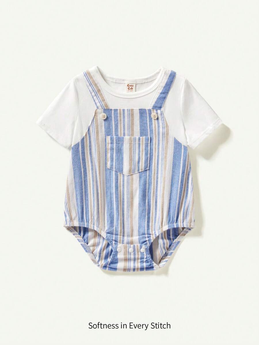 Cozy Pixies 嬰兒男寶寶彩塊條紋短袖連身衣，圓領款式 - 藍色 - 查看 1