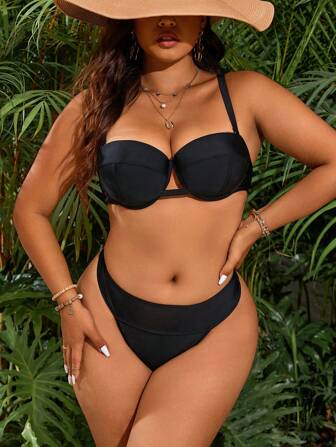 SHEIN Swim Curve Bikini-Badeanzug Set in Große Größen, einfarbig, für den Sommer
