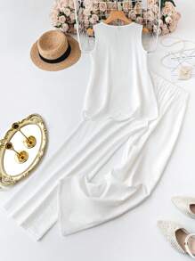 SHEIN Essnce White Asymmetrical Hem A-Line Tunic Loose Wide Leg Pants Casual Holiday Set