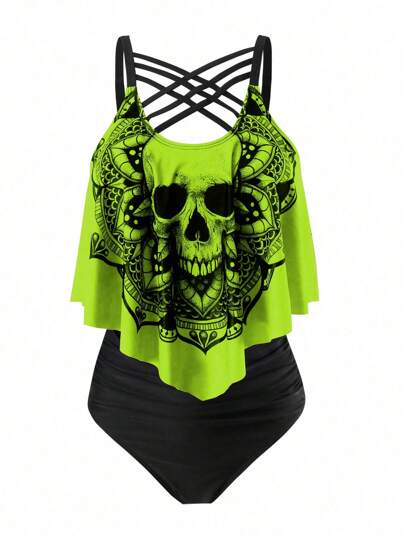 SHEIN Swim Curve Traje de baño tipo tankini con estampado de calavera y Bottom de unicolor, estilo vacacional, para playa y Halloween, talla grande