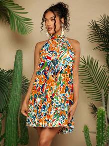 Travachic Women's Summer Vacation Plant Printed Short Casual Halterneck Dress - Multicolor - View 3