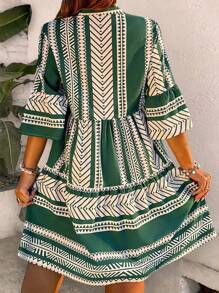 Breezaya Plus Size Notched V-Neck Single-Breasted Printed Ruffle Hem Vacation Dress - Green - View 2