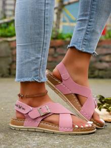 IH2 Women's Soft Cross-Band Single Buckle Hook And Loop Strap Slip-Resistant Flat Sandals With Snowflake Design - Pink - View 5