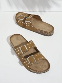 SHUZIA 女式舒適時尚方頭涼鞋，帶雙扣設計 - 棕色 - 查看 2