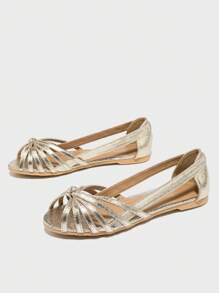 2025 Autumn Women's Flat Hollow Peep-Toe Sandals With Buckle - Gold - View 6