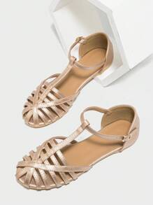 Women's Flat Hollow Roman Sandals With Straps - Champagne - View 4