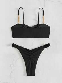 SHEIN Swim Women's Solid Color Ruffle Bikini Set For Summer Beach, With Special Fabric - Black - View 2