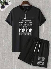 'Grandpa Is My Favorite' Letter Print Men's Casual Round Neck T-Shirt And Shorts Set For Outdoors