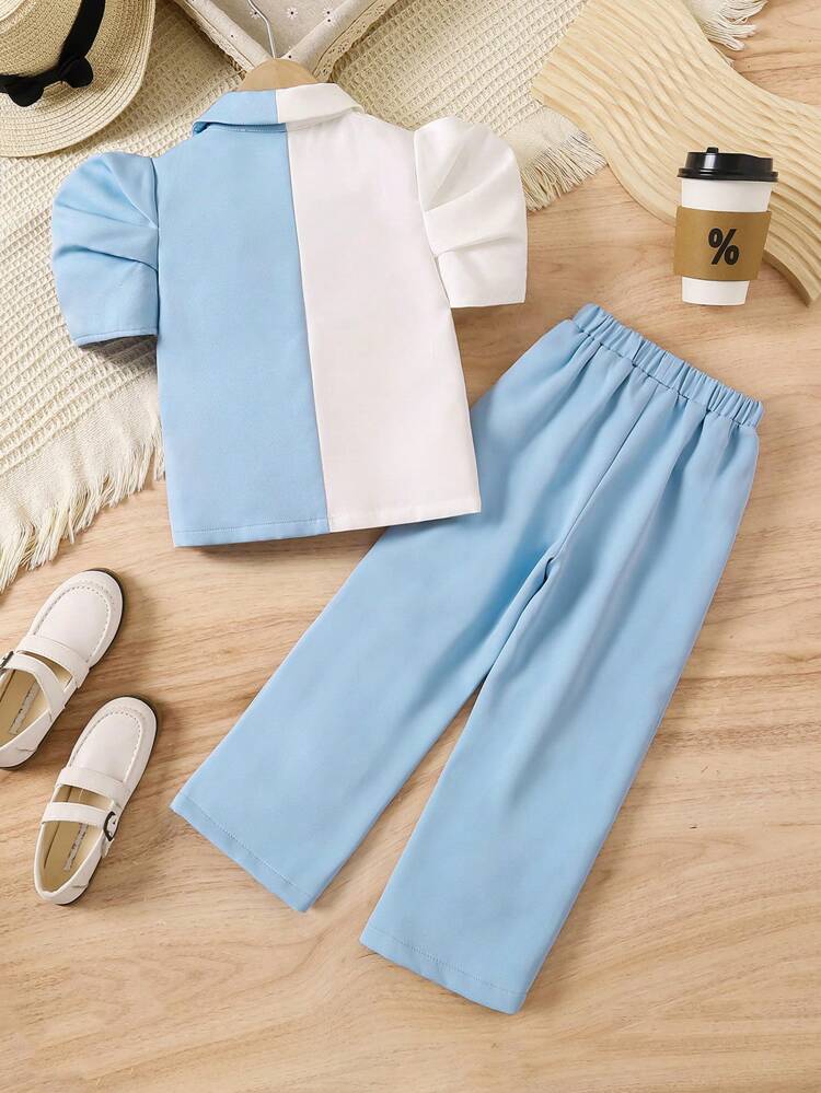 Young Girl 3pcs Color-Block Knit Short Sleeve Top With Turn-Down Collar, Knit Solid Color Casual Pants And Knitted Solid Color Tank Top
