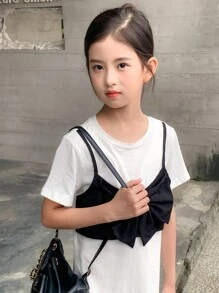 Vestido informal tipo camiseta de manga corta con bloqueo de color y nudo delantero, 2 en 1 para niña preadolescente