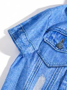 Tween Boy Casual Denim Effect Printed Turn-Down Collar Short Sleeve Shirt And Shorts Woven 2pcs Outfit Set