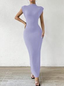 SHEIN Privé Vestido de verano para mujer con cuello alto, manga corta y ajustado al Body de unicolor - Morado - Ver 3