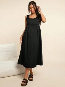 SHEIN 孕妇优雅荷叶边圆领中长款合身编织孕妇连衣裙，休闲家居服 - 黑色 - 查看 1