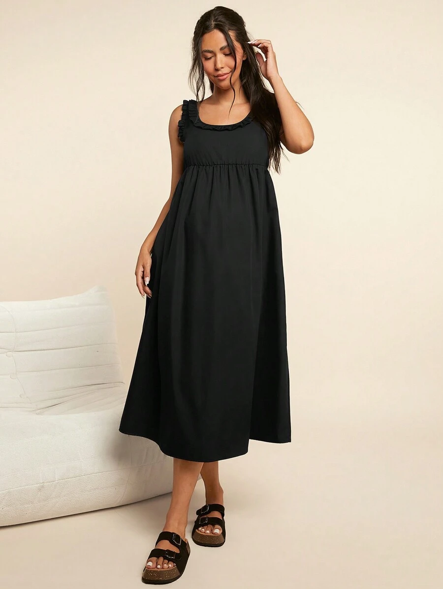 SHEIN 孕妇优雅荷叶边圆领中长款合身编织孕妇连衣裙，休闲家居服 - 黑色 - 查看 1