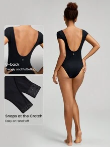 GLOWMODE FeatherFit™ U-Back Thong Bodysuit Light Support Yoga Studio Gym Daily - Black - View 4