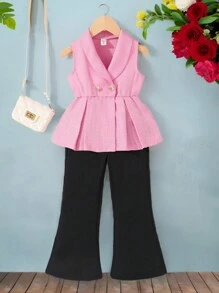 SHEIN Young Girl Mexican Pink Fabric Sleeveless Top With Buttons And Hand-Pleated Skirt Hem Black Flare Jumpsuit For Summer - Pink - View 1
