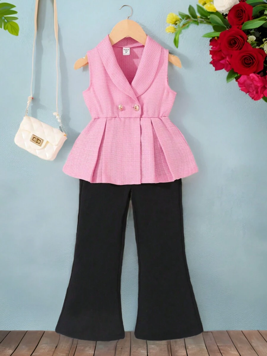 SHEIN Young Girl Mexican Pink Fabric Sleeveless Top With Buttons And Hand-Pleated Skirt Hem Black Flare Jumpsuit For Summer - Pink - View 1