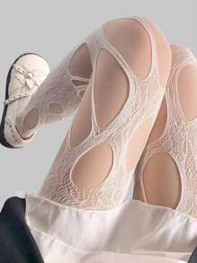 ROMWE Goth 1pair Women's White Asymmetrical Ripped Fishnet Stockings, All Seasons - White - View 5