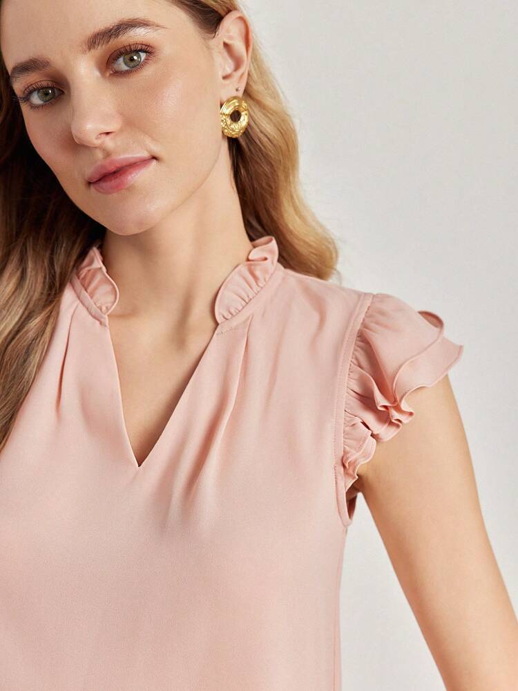 FRILL TRIM NOTCH NECK FLUTTER SLEEVE BLOUSE