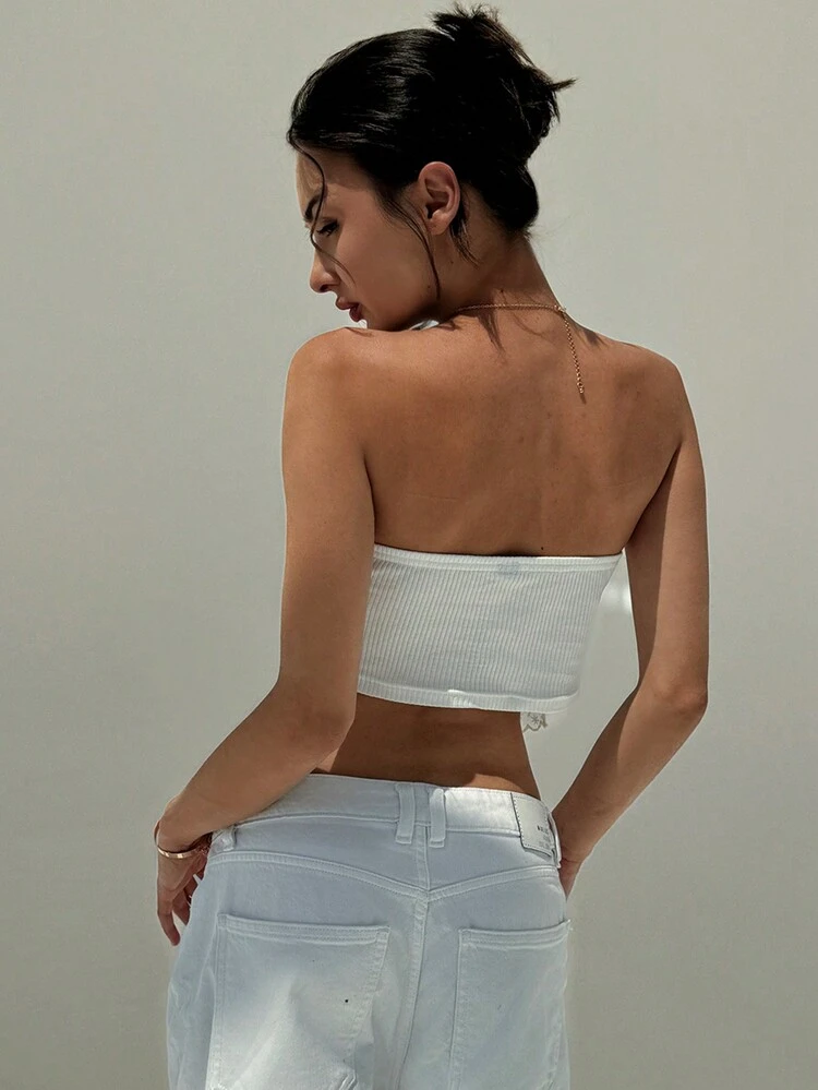 Romantic Date Mesh Contrast Cropped Tight Strapless White Women's Top