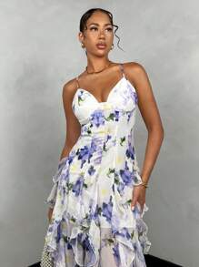 SHEIN BAE Đầm đi nghỉ in hoa màu xanh mùa hè dành cho nữ, thiết kế hở lưng gợi cảm với diềm xếp nếp nhiều lớp và viền xẻ cao, ngọt ngào và gợi cảm - Nhiều màu - Xem 5