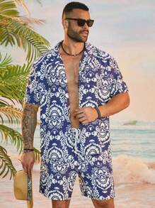 Manfinity Homme Men's Plus Size Vacation Beach Allover Print Short Sleeve Shirt And Shorts Set - Blue - View 4
