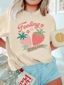 INAWLY Camiseta casual de manga corta para mujer de talla grande de verano con impresión de letras y fresas
