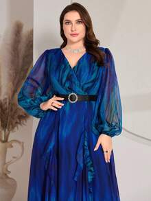 Plus Size Women V-Neck Gradient Long Lantern Sleeve Maxi Arabian Modest Dress