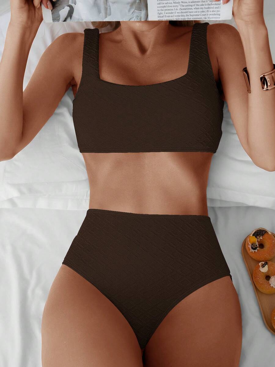 SHEIN Swim 女士夏季海滩纯色性感比基尼套装，带分离式上衣和下装泳衣，采用特殊面料制成，度假比基尼套装 - 咖啡棕 - 查看 1