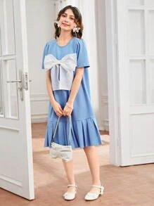 SHEIN Vestido azul elegante de punto con pliegues y lazo grande para chica adolescente - Azul - Ver 6