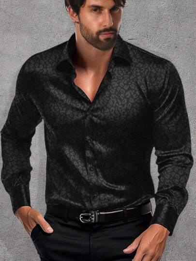 Camisa de manga larga con botones y estampado jacquard de unicolor para hombre, otoño