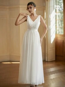 LVNES 女士 A 字型简约婚纱 V 领薄纱无袖复古婚纱 - 白色 - 查看 5